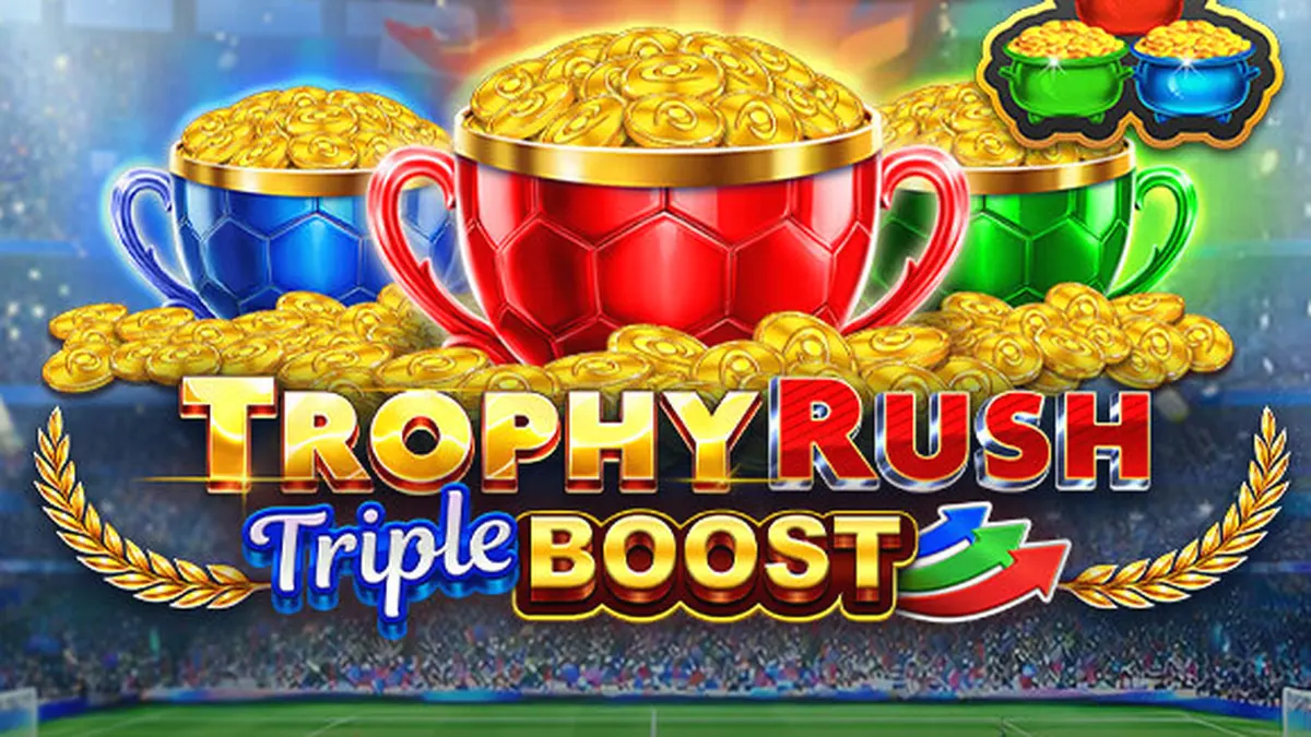 Tampilan antarmuka permainan slot Trophy Rush Triple Boost dengan simbol koin emas