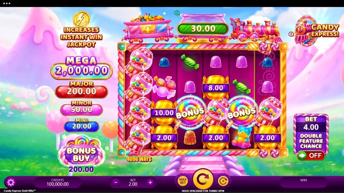 Tampilan visual slot Candy Express Gold Blitz dengan tema kereta permen yang ceria