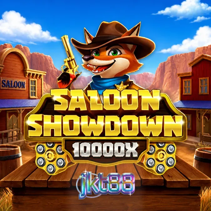 Tampilan visual slot Saloon Showdown 10,000x dengan tema saloon Wild West